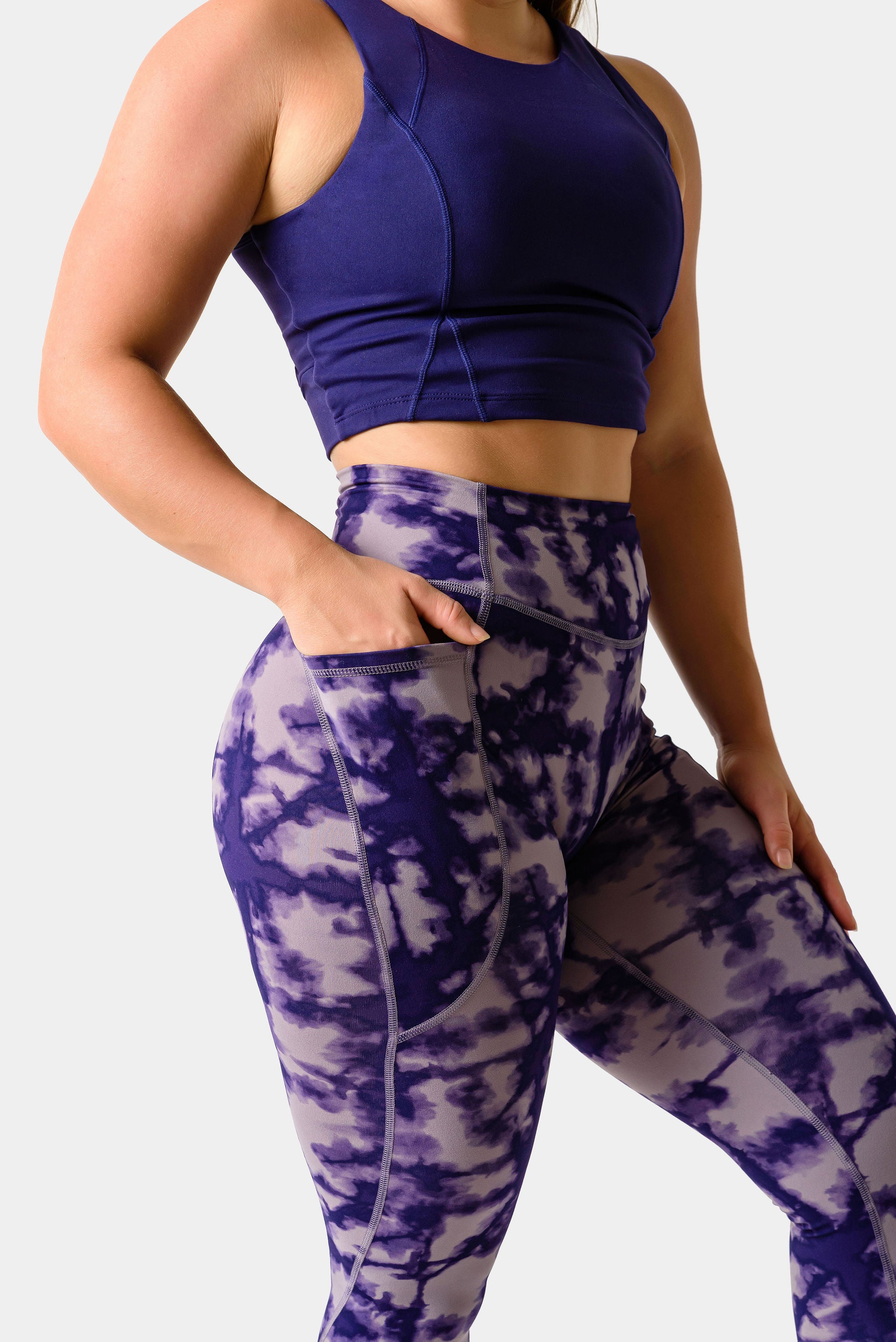 Purple Black Tie Dye Women Leggings Side Pockets, Printed Yoga